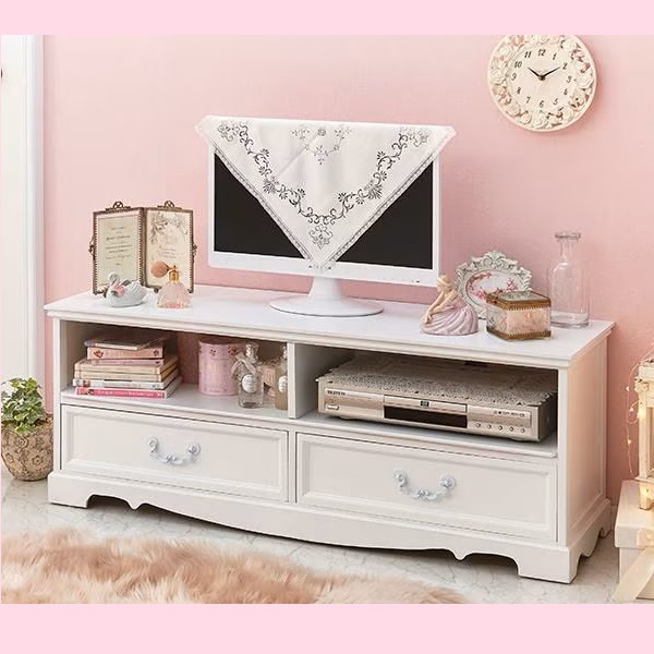 完成品 アンティーク調 姫系 ロマンティック テレビボード 大人かわいい ローボード 引き出し付き ホワイト家具 テレビ台 木製 姫系 プリンセス アンティーク調取っ手　MTV-6598