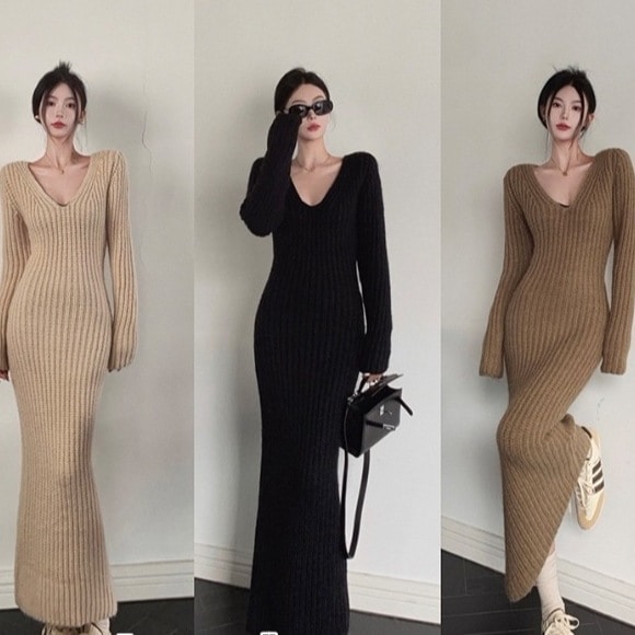 Vネックロングニットドレス 黒 ロングワンピース 楽ちん ロング丈 韓国 レディース オルチャン 長袖 Vネック 無地 細身 スリムフィット 可愛い こなれ感 セクシー オトナ可愛い