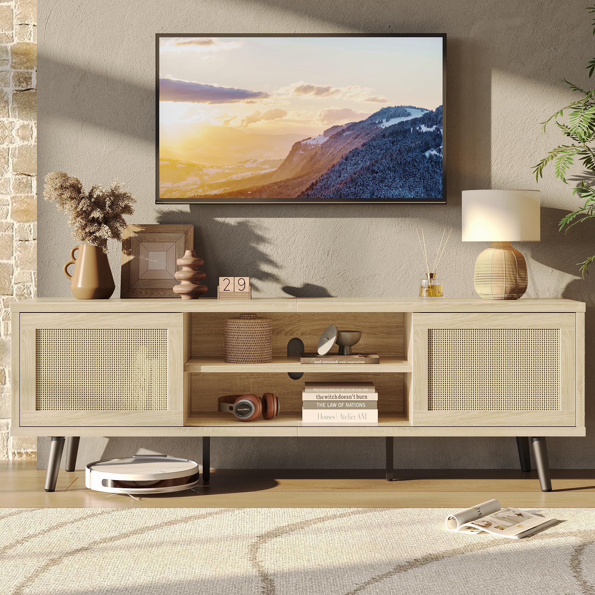 Bestier テレビ台 ラタン調テレビボード 幅160cmtv台 50/55/65/75型対応のテレビラック AV機器収納対応 大容量収納棚 木目調ローボード おしゃれ 北欧 異素材 脚付き 掃除ロ