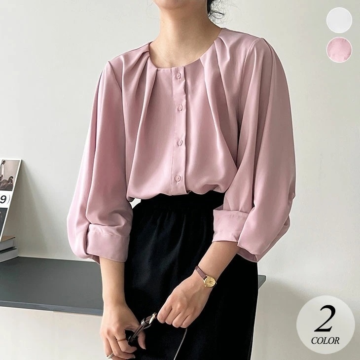 【2025新作 急速出荷】ボリューム袖 ギャザー ブラウス 七分袖 トップス シャツ ボリュームスリーブ パフスリーブ 長袖 無地 可愛い フェミニン きれいめ 春 秋 冬 レディース 韓国ファッショ