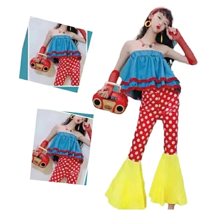 ラッパパンツ jazz 上下セットアップ フリル裾 イベント 応援団 ジャズダンス ガールズ hippop ランス風 ローズ黒 舞台衣装 ステージ 練習着 演出服 団体 K-POP レトロ風 デスコ