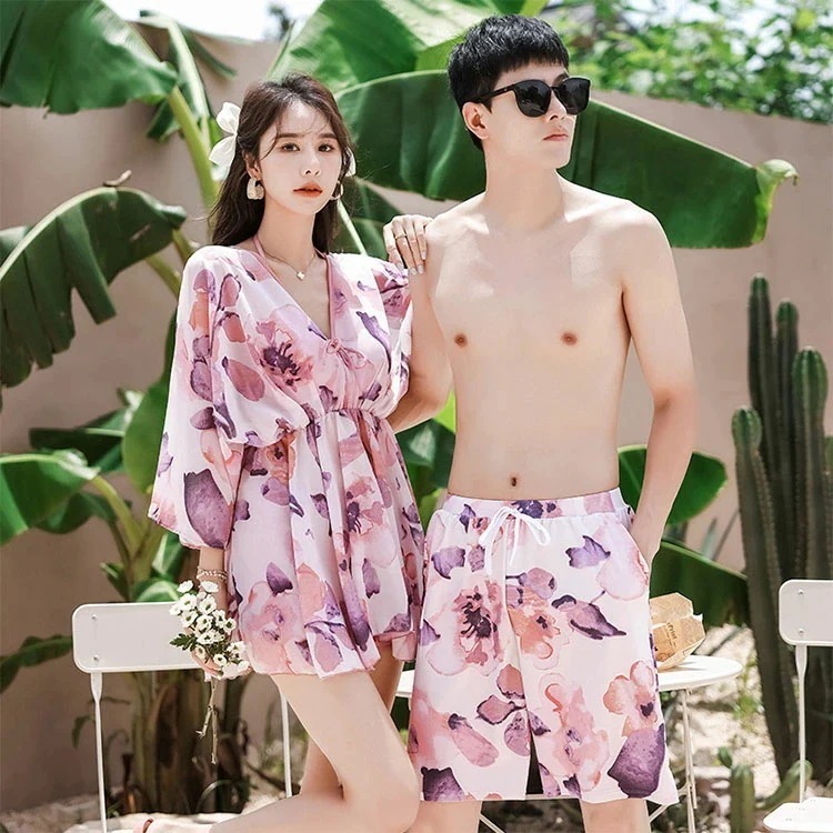 ペア水着 カップルセット ペア 水着 ペアルック レディース ビキニ 4点セット メンズ ビーチパンツ カップル水着 体型カバー スイムウエア ビーチウエア ご夫婦 恋人 彼氏 彼女 海外旅行 新婚