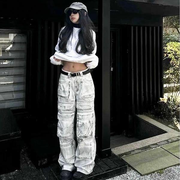 カーゴ デニム パンツ ポケット ブリーチ ウォッシュ 韓国 レディース ファッション ストリート系 Y2K グランジ ダンス 衣装 K-POP オーバーダイ 8J-110