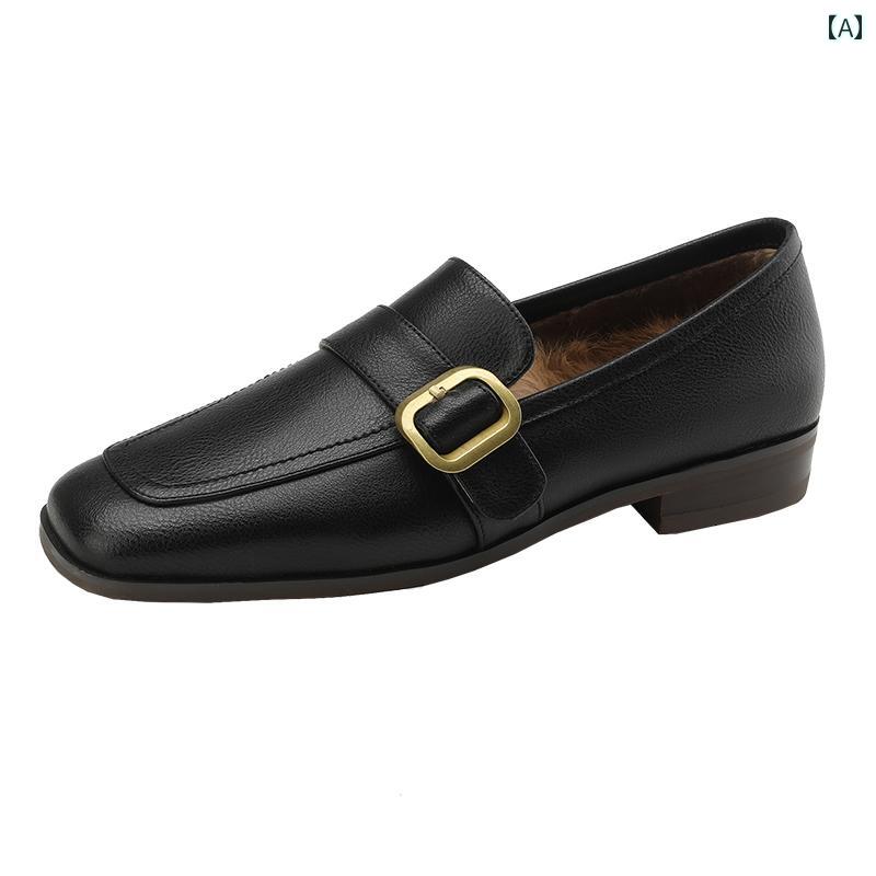 ローファー レディース オフィス 通勤 仕事 冬用 女性用 フラットソール ソフトレザー 裏起毛 シングル シューズ 革 スクエアトゥ 毛皮 靴 ソフト ソール