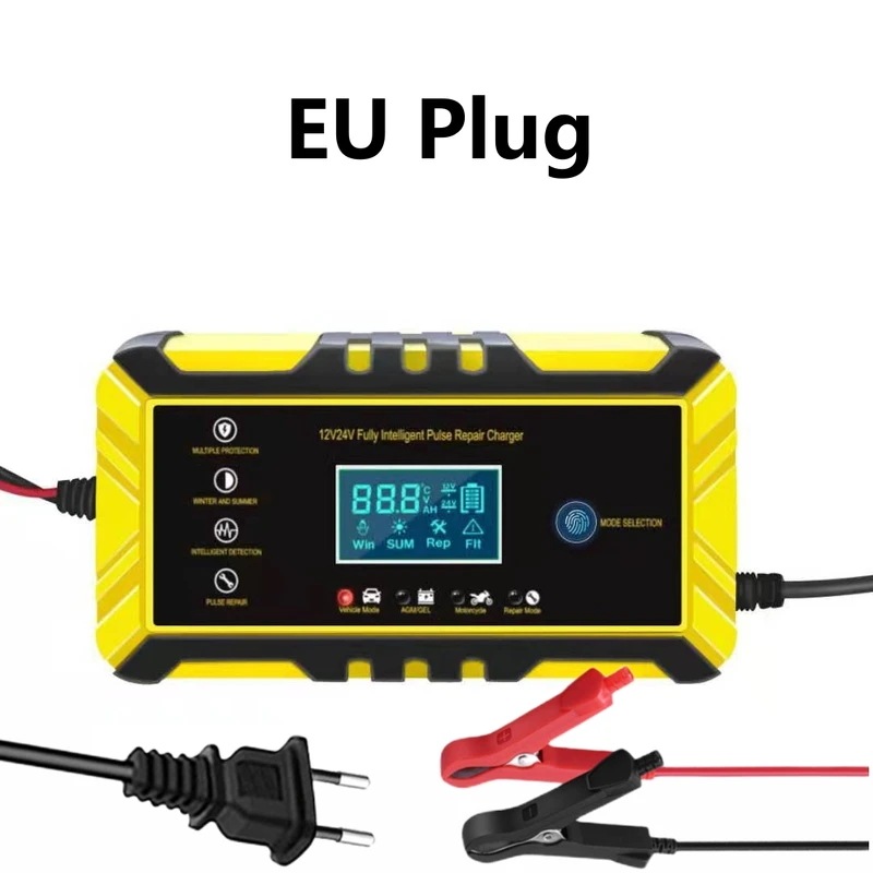 全自動バッテリー充電器,デジタルLCDディスプレイ付き,車用バッテリー充電器,乾式および湿式鉛蓄電池,12v/24v 8a EU Plug yellow