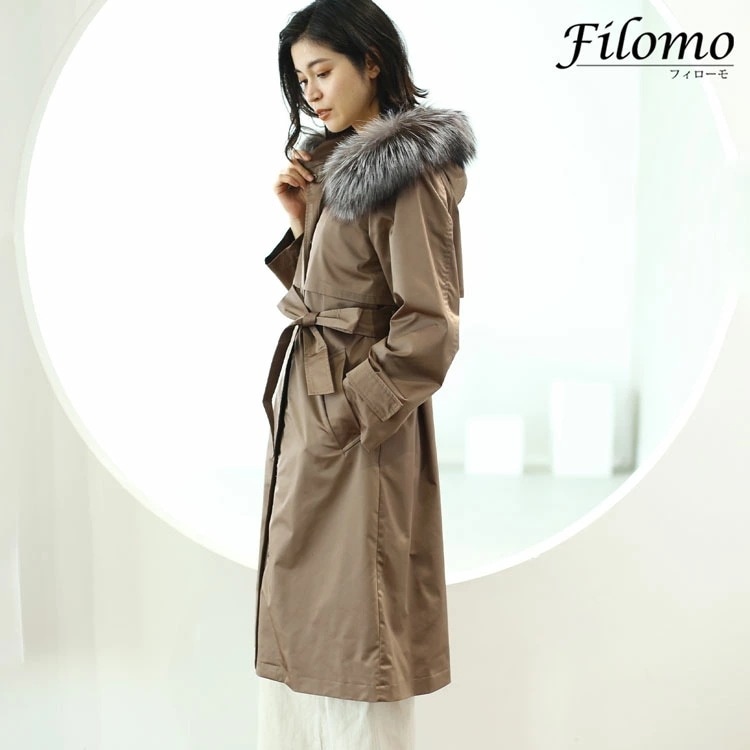 ロングコート レディース 冬 ライナー フード付き 弱撥水 ロング丈コート ファー フォックス トリミング きれいめ ウール カジュアル 大きいサイズ ブランド Filomo モカ ベージュ 春 秋