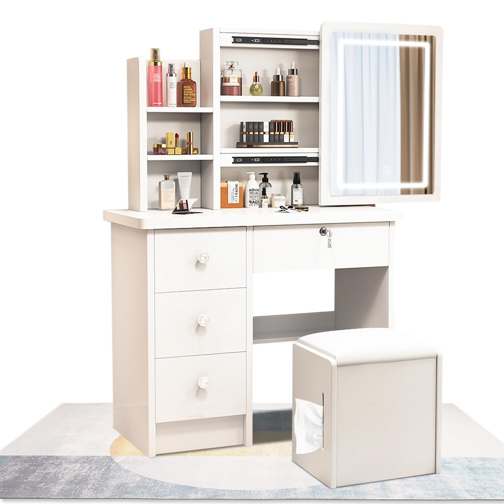 ドレッサー コンパクト テーブル ライト付き 幅員80cm 大容量収納力 白 3色LED 女優ミラー 鏡台 化粧台 ホワイト スツール付き モデルv01