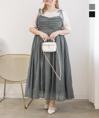 大きいサイズ レディース LL 3L 4L XL XXL XXXL CLETTEオリジナルリボン付きシャーリングキャミワンピース