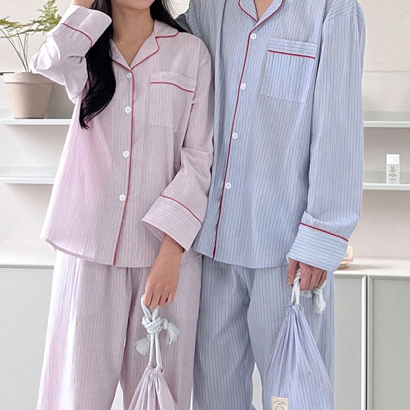 ココ ジョイ ストライプ 長袖 カップルペア パジャマ ビッグサイズ ルームウェア 上下セット［ポーチセット］