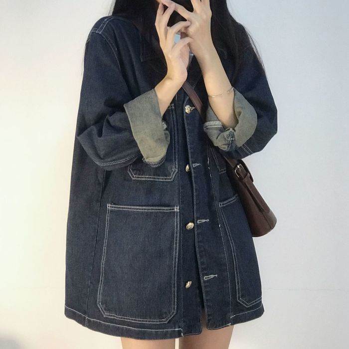 アウター Gジャン ロング丈 長袖 デニム 前開き ボタン ポケット 襟付き かわいい 大人可愛い きれいめ シンプル カジュアル おしゃれ かっこいい 大人女子 ガーリー クール モー