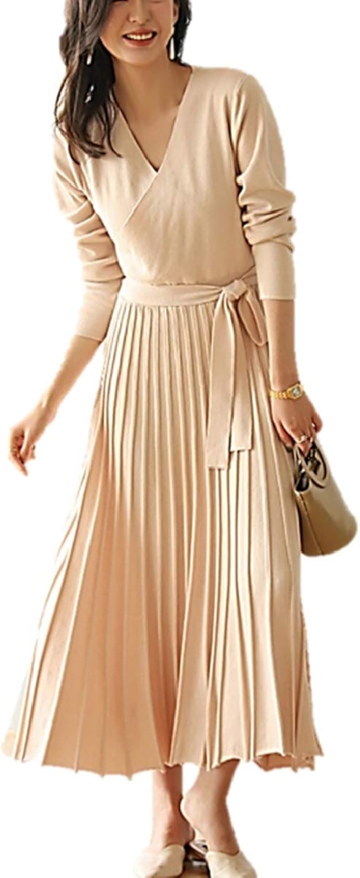 ウエストシェイプ リボン付き カシュクール ニットワンピース ロングワンピース ベージュ M( ベージュ M, M-L)