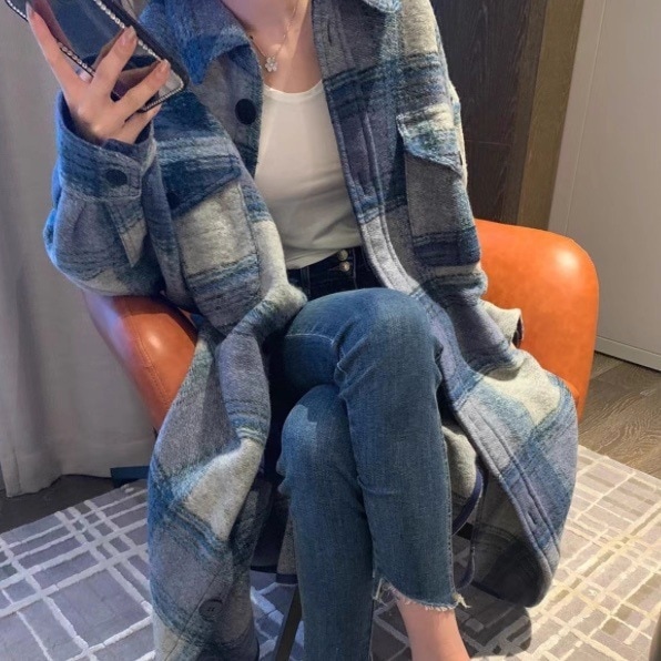 レディース トップス シャツ 羽織 前開き ロング 長袖 襟付き 角襟 ストリート アメカジ ウール シンプル カジュアル おしゃれ かっこいい レトロ こなれ感 ラフ メンズライク マニッシュ