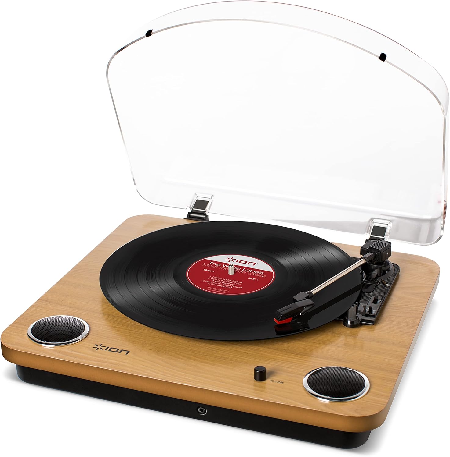 レコードプレーヤー スピーカー内蔵 USB ヘッドホン端子 レコードの音をUSB接続でPCに録音可能 33-1/34578回転対応 アイオン Max LP 木目