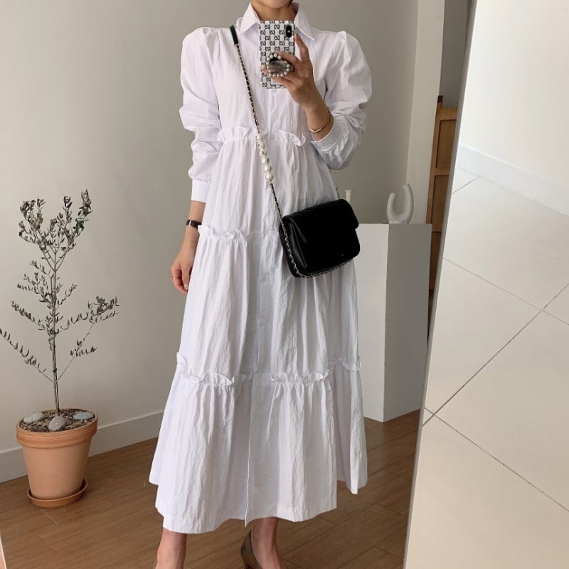 2color ロングワンピース ティアードワンピース フリル ロング丈 くるぶし丈 シャツ 前開き