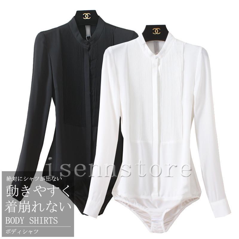 ブラウス トップス バンドカラー ピンタック とろみシャツ レディース シフォン ボディシャツ 長袖 ツナギ 無地 オフィス 通勤 ボディブリファー