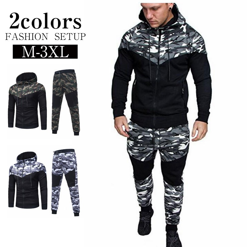 ジャージ 上下 メンズ 秋冬 セットアップ スウェット 迷彩 フード付き 上下セット スポーツウェア セットアップ ルームウェア 長袖 ジョガーパンツ 部屋着