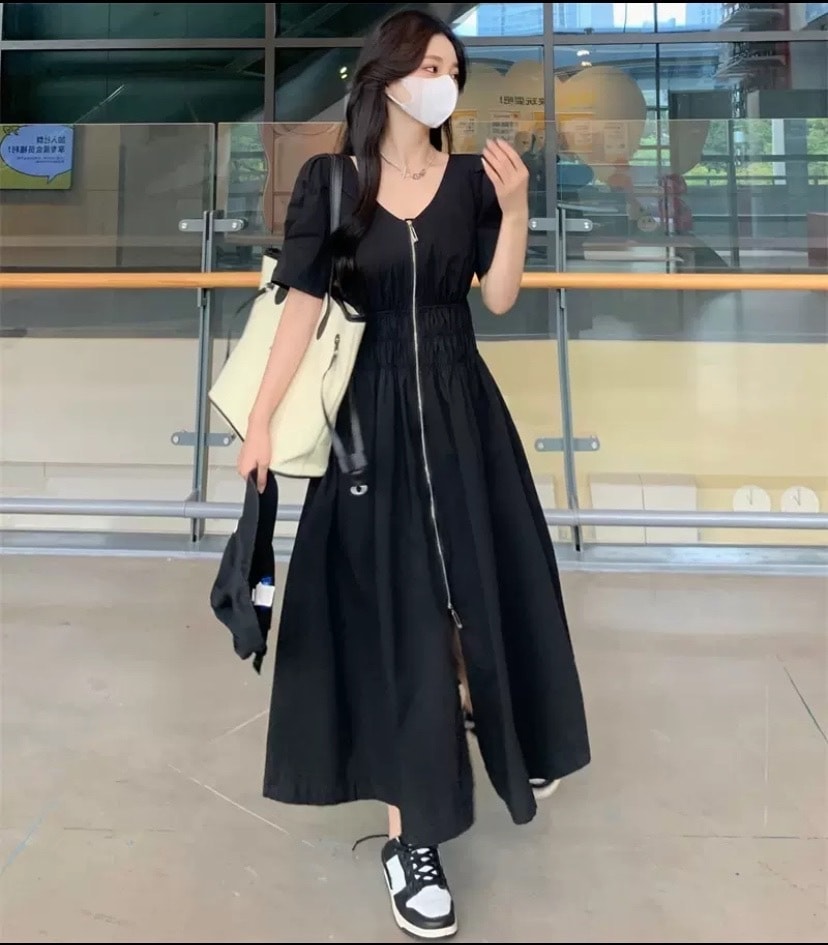 レディース スカート ワンピース フレア 膝下 ミモレ ロング 半袖 Aライン フェミニン ウエストマーク ウエストゴム 切り替えデザイン ドッキング かわいい 大人可愛い シンプル カジュアル