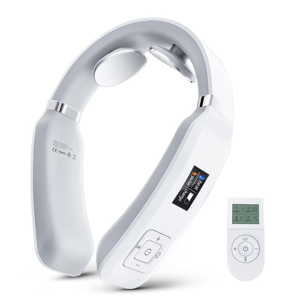 ネックケア 首 リラクゼーション器 首元ケア EMSｘ３段階加温 6種モード&16段階調節可能 リモコン付き 簡単操作 液晶ディスプレイ 軽量 USB充電式 コードレス 静音 記念日 誕生日プレゼント