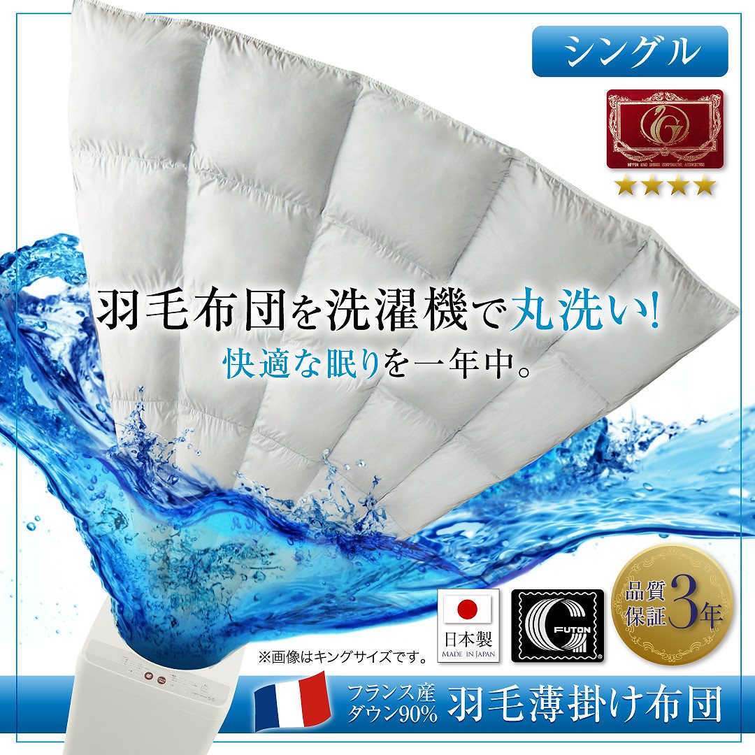 洗濯機で洗える エクセルゴールドラベル フランス産ダウン90％ 羽毛薄掛け布団 [Wash]ウォッシュ シングル シルバーアッシュ