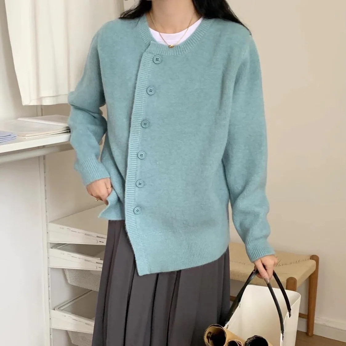 5color ディース トップス カーディガン ニットカーディガン ノーカラー クルーネック リブ