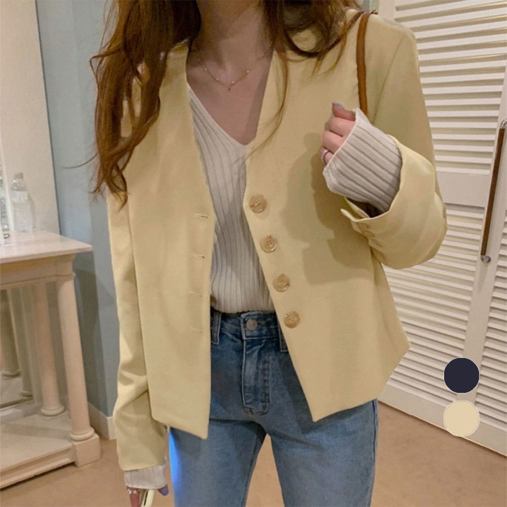 国内即納 ノーカラージャケット Vネック 韓国風秋