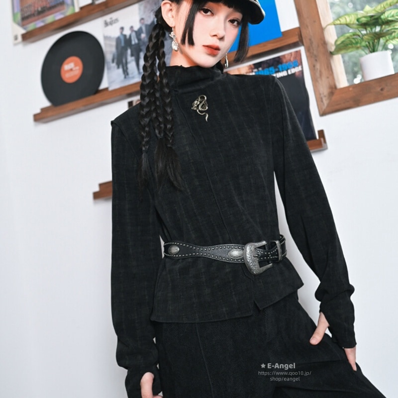 ハイネック トップス インナー レディース 秋冬 tシャツ 長袖 チャイナ風 トップス 黒色 刺繍 オリジナル 個性的