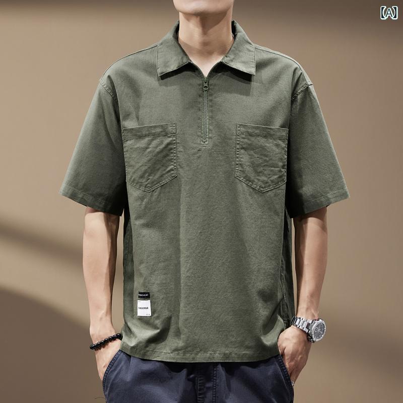 ポロシャツ 高級感 綿 麻 軽い 通気性 半袖 シャツ 男性用 夏 ハーフジップ カジュアル Tシャツ メンズ ポケット 都会的 毎日 リネン コットン 6,930円