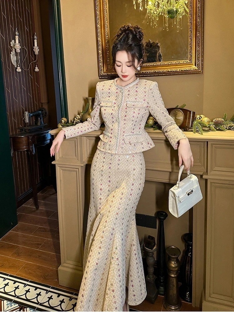 パーティードレス2セット気質百掛けフィッシュテールハイウエスト通勤百掛けトップスアウター+スカート体型カバー 着痩せ