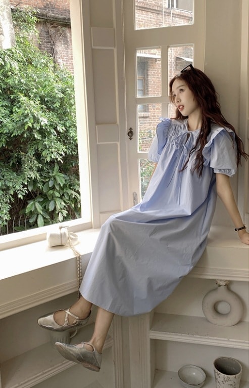 ワンピース ロング丈 袖あり 半袖 パフスリーブ 襟なし ワイド フリル リボン かわいい 大人可愛い きれいめ シンプル カジュアル 大人 上品 おしゃれ お洒落 かっこいい 大人女子 こなれ感