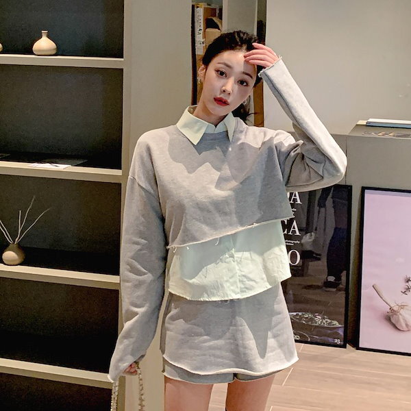 切りっぱなし レディース プルオーバー トレーナー スウェット クロップド丈 長袖 ボリューム袖 ドロップショルダー 萌袖 クルーネック かわいい 大人可愛い きれいめ シンプル カジュアル おしゃれ