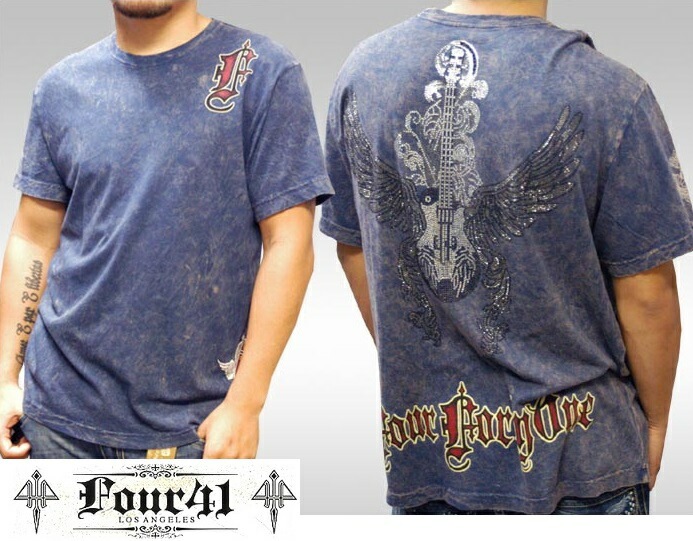 Four41 Los Angeles フォーフォーティーワン メンズ ラインストーン Tシャツ ギターウィング ネイビー M-29 スワロフスキー インポート セレブ ブランド ストリート LAセレブ