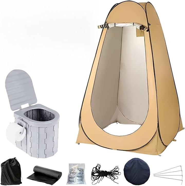 トイレ用テント 簡易トイレ セット キャンプ 携帯トイレ 折り畳み トイレテント 防水 (ベージュｘグレー, 120x120x190cm)