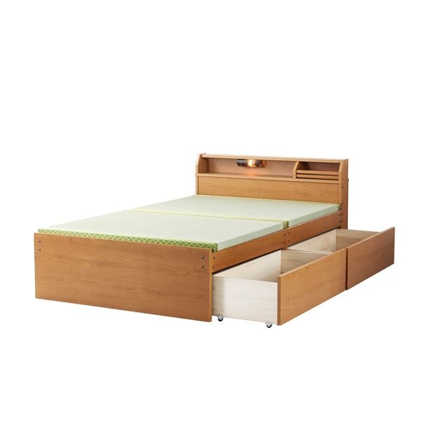 日本製 天然い草 収納ベッド [ハイタイプ ダブル ライトブラウン] 引き出し付き