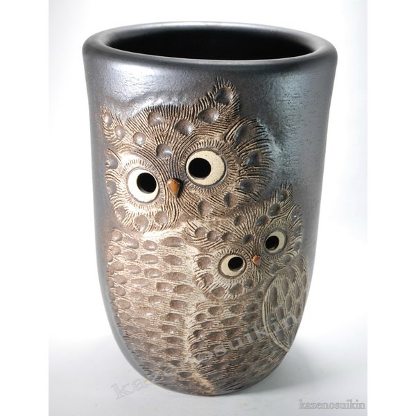 黒マットペアふくろう透し彫傘立　（信楽焼き・陶器・傘立て・梅雨・雨・玄関・収納・B047-07）