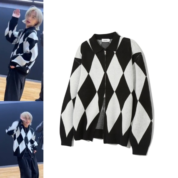 【Stray Kidsヒョンジン着用】 BASEMOMENT Argyle Collar Knit Zip-up Black