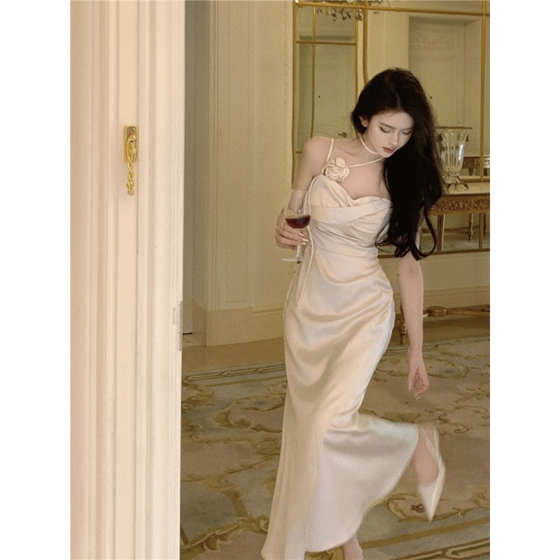 サテンサスペンダードレス レディース 春秋 花柄 ウエストレス バックレス エレガント 誕生日ドレス ロングドレス