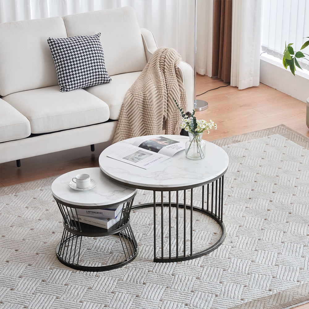 E93【新作登場】センターテーブル テーブル ローテーブル 大理石調 波紋 収納付 おしゃれ 入れ子式 円型 丸型 2個セット 鏡面 光沢感 収納付 組み合わせ自由【ホワイト（ブラック脚） 】