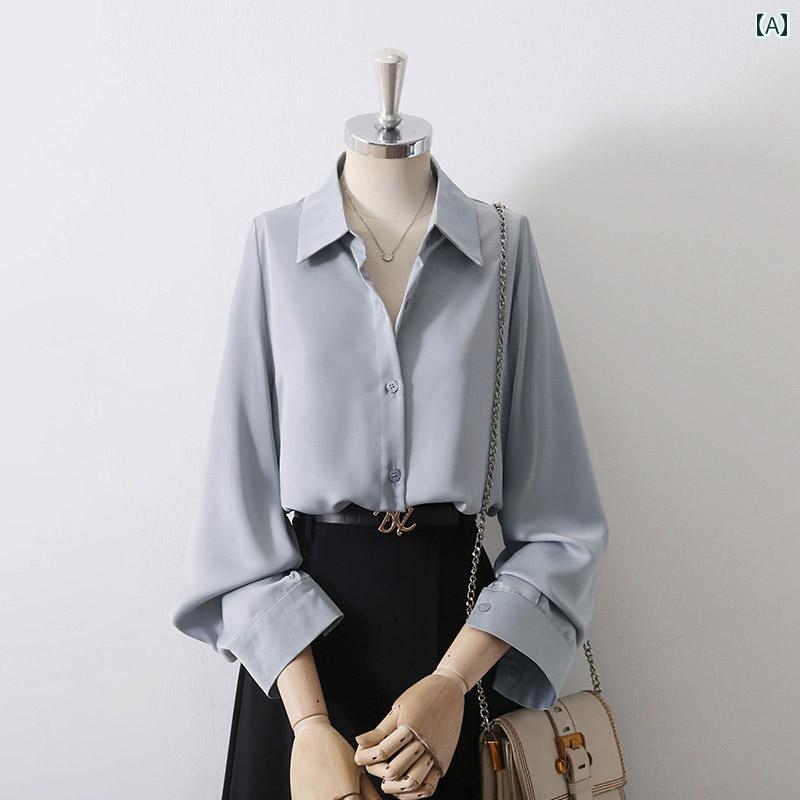 レディース シフォンシャツ ブラウス 長袖 春秋 薄青 白 薄緑 黒 シャツ襟 シングルブレスト シックカラー テーラード シンプルエレガント ミニマル ルーズフィット フェミニン