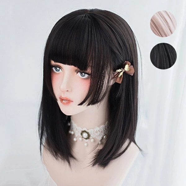ウィッグ フルウィッグ 姫カット ブラック オフホワイト ボブヘアー ミディアムボブ ミディアム 前髪あり ナチュラル 原宿風 かつら ぱっつん前髪 黒髪 コスプレ 可愛い 耐熱ウィッグ コスチューム
