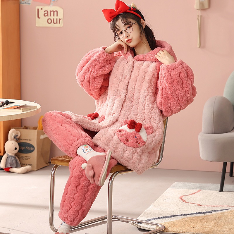 暖かい パジャマ もこもこ 冬 レディース 上下セット ナイトウェア 厚手 ルームウェア 長袖 大きいサイズベルベットパジャマさん秋冬三階綿を挟んで厚いベルベットのカーディガン保温フランネルの家庭服セ
