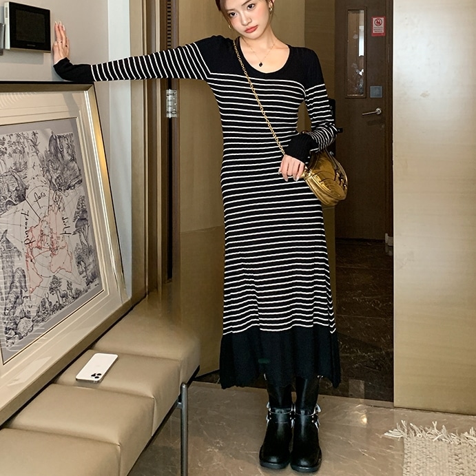 ワンピース ロングワンピース ニットワンピース 長袖 ラウンドネック ロング丈 かわいい 大人可愛い きれいめ シンプル 上品 おしゃれ カジュアル こなれ感 個性的 主役級 ラフ ルーズ 存在感
