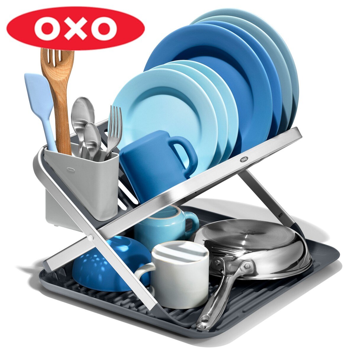 OXO 水切りラック フラットディッシュラック トレー付き ツールホルダー付き 折りたたみ オクソー ディッシュラック 水切り ラック 食器水切り アルミ コンパクト 水切りカゴ 水切りかご