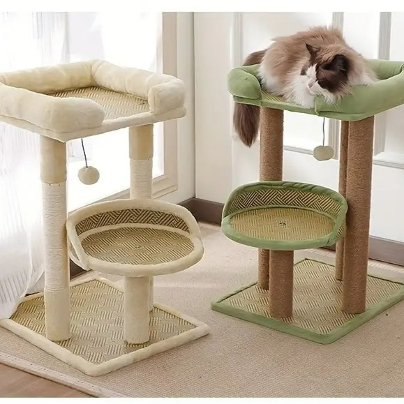 キャットタワー 高級2段 サイザル麻ロープ製爪とぎ柱 豪華なプラッシュパーチ 吊り下げおもちゃボール ネコ 猫 ねこ ベージュ グリーン 4-7