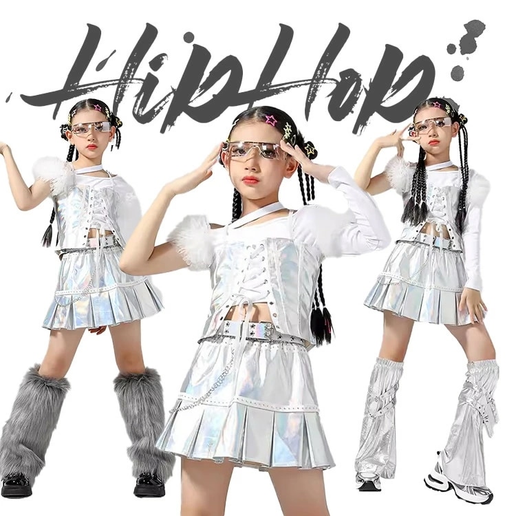 子供服 キッズ ダンス ダンス衣装 女の子 シルバー ガールズ 長袖 へそ出し 編み上げ 肩出し シャツ スカート レッグウォーマー ダンスウェア 発表会 応援団 イベント ジュニア カッコイイ 普段