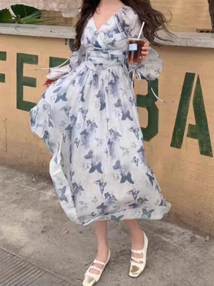 幻想的な春の装い バタフライシフォンワンピース ロング 蝶々柄 大人可愛い エアリーコーデ 着やせ 体型カバー スタイルアップ 大きいサイズ 韓国 CH10492