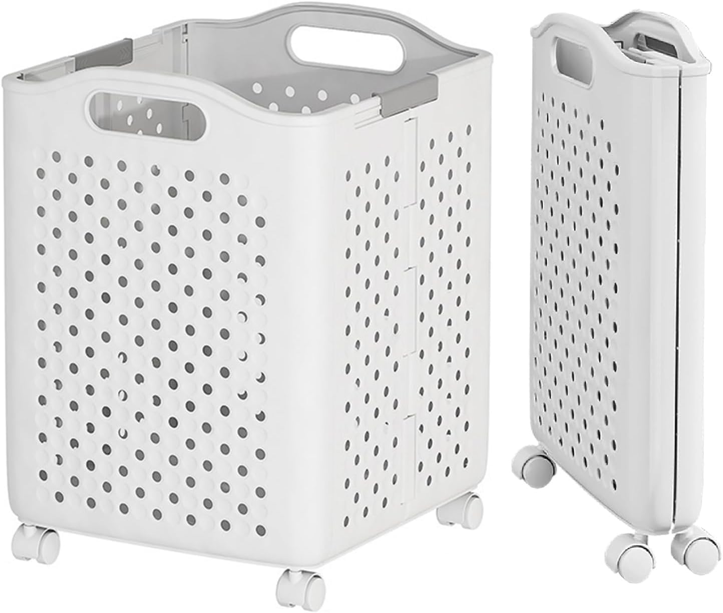 折りたたみ式大容量洗濯かご キャスター付き 通気性 手提げ可能 ホワイト Lサイズ