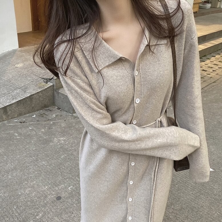 3color レディース ウエストベルトロングワンピース ドレス ワンピース シャツワンピース ミモ