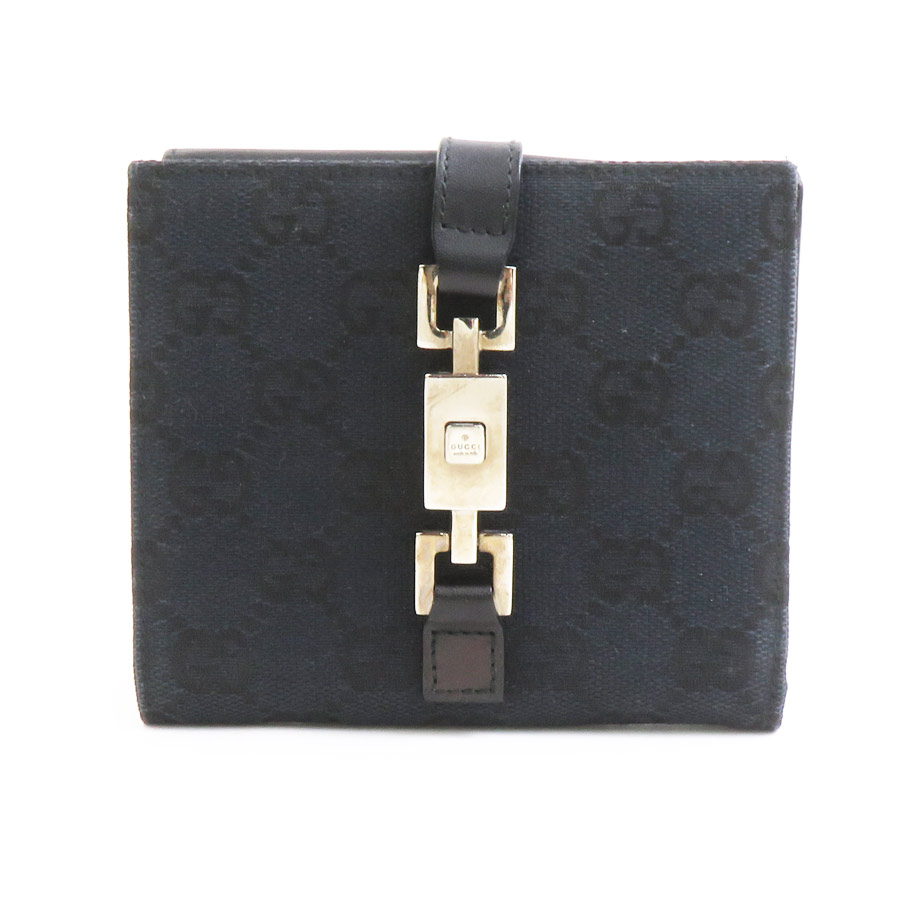 グッチ GUCCI 二つ折り財布 ジャッキー GGキャンバス/レザー ブラック シルバー レディース e61219g