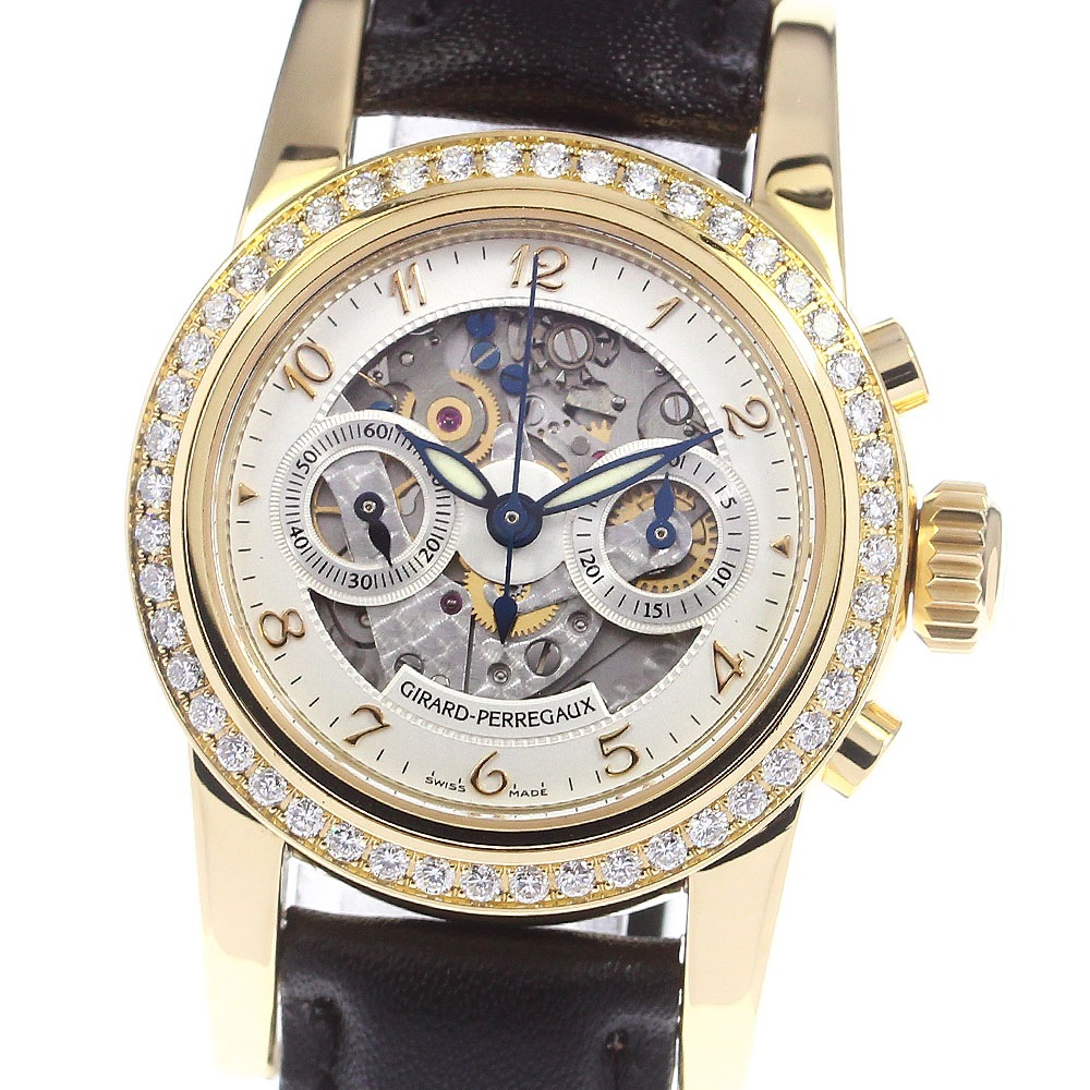 ジラールペルゴ GIRARD-PERREGAUX 8046 K18YG ダイヤベゼル クロノグラフ 自動巻き レディース 良品 メーカーOH済 _740024【中古】