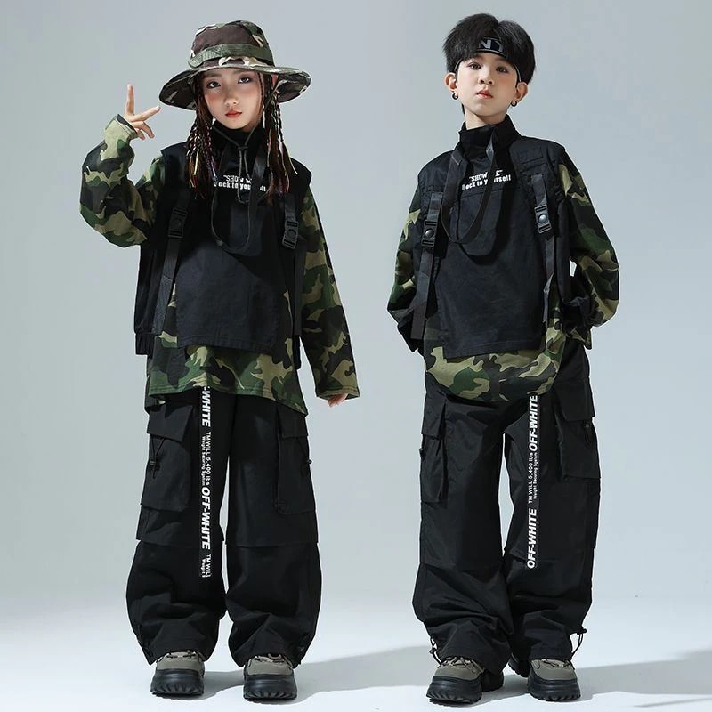 ストリートダンス少年潮服ヒップホップ迷彩tシャツ女の子ジャズダンス工装ズボンセット男の子Bboy表演出服